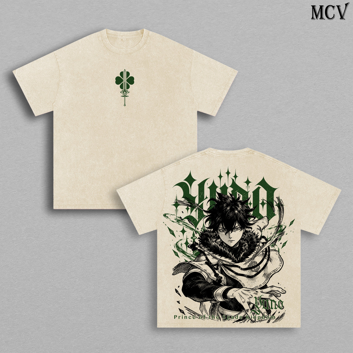 Yuno Black Clover Vintage Washed Oversized T-Shirt, Double-Sided Anime Graphic Tee, Prince of the Spade Kingdom Design, Green Four Leaf Clover Emblem, Retro 90s Y2K Streetwear, Unisex Black Clover Fan Gift