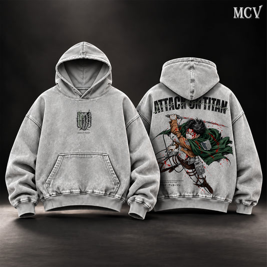 Levi Ackerman Attack on Titan Vintage Washed Oversized Hoodie, Double-Sided Anime Graphic Pullover, Survey Corps Wings of Freedom Scout Regiment Design, Retro 90s Y2K Streetwear, Unisex AOT Fan Gift