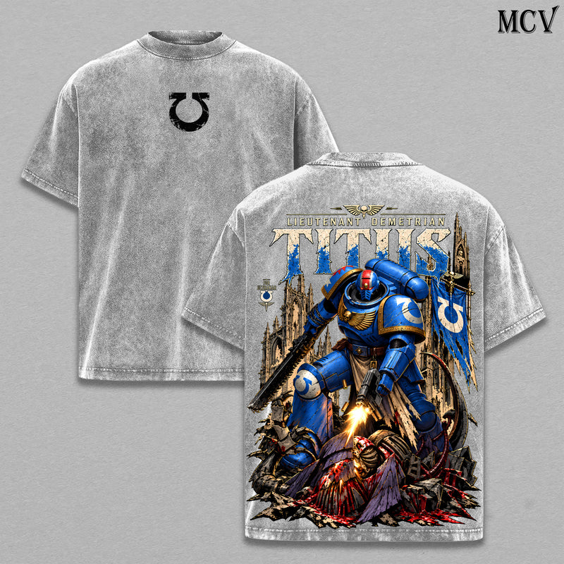 Lieutenant Demetrian Titus Warhammer 40K Vintage Washed Oversized Hoodie, T-Shirt & Sweatshirt, Double-Sided Space Marine 2 Ultramarines Graphic Apparel, Blue Power Armor Battle Design, Grimdark Sci-Fi Gaming Streetwear, Unisex Warhammer Fan Gift