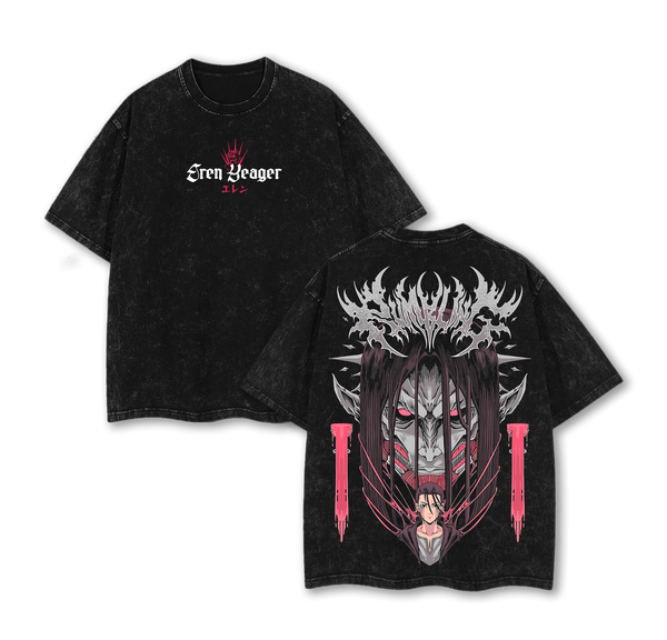 Retro Heavy Eren Yeager x Attack On Titan Anime Double Printed Washed Tee AOT t-shirt Attack on Titan merch Streetwear Anime Lover Anime Clothing