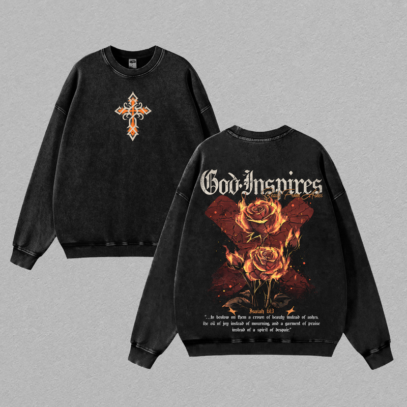 Beauty From Ashes – God Inspires Isaiah 61:3 Vintage Washed Christian T-Shirt Heavy Cotton Jesus Faith Graphic Shirt Streetwear Church Outfit Christmas Gift Inspirational Religious Apparel Men Women