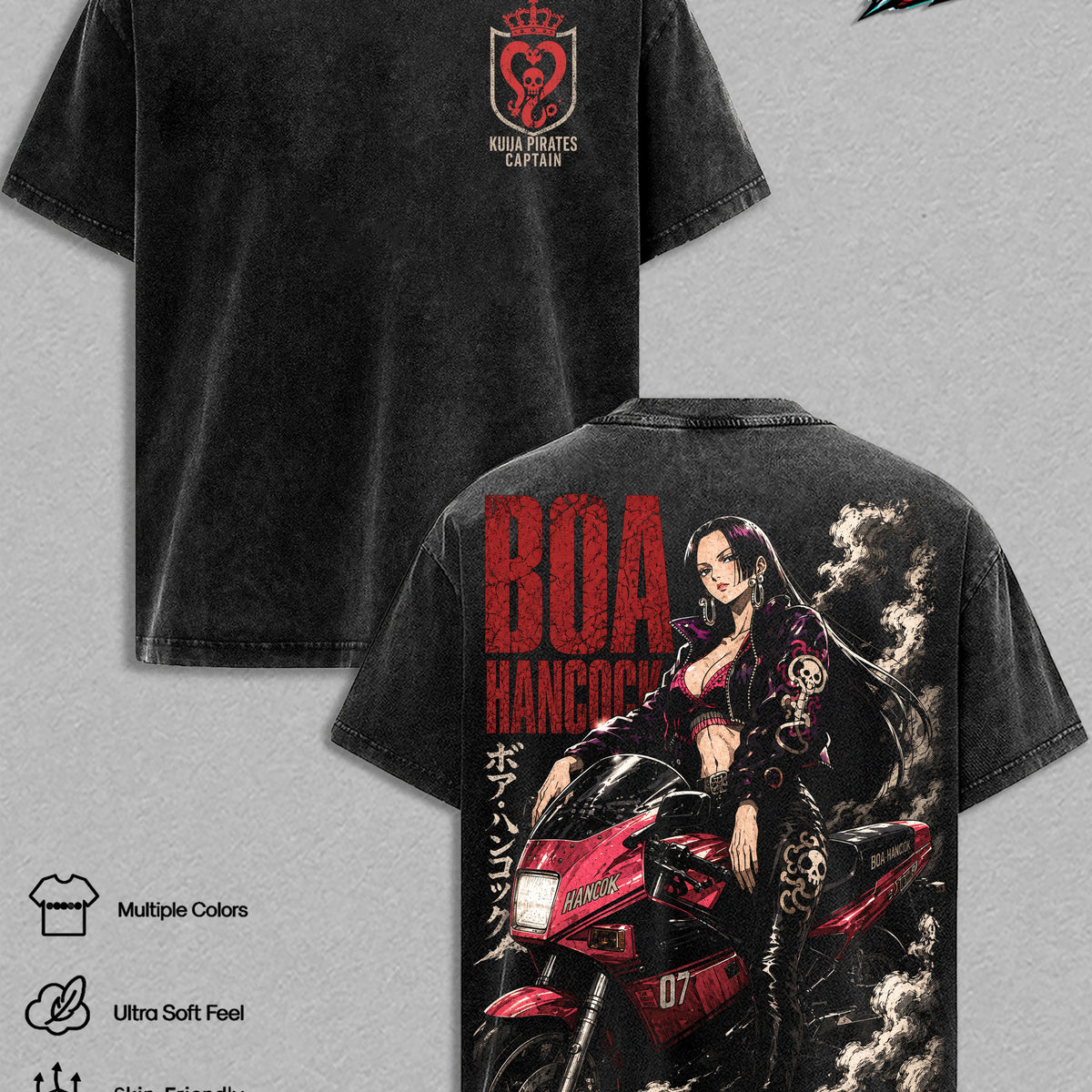 Boa Hancock Vintage Washed Anime T-Shirt – Biker Streetwear Graphic Tee, Kuja Pirates Captain Motorcycle Aesthetic Heavy Cotton Oversized Unisex Shirt, One Piecee Fashion Gift for Men & Women