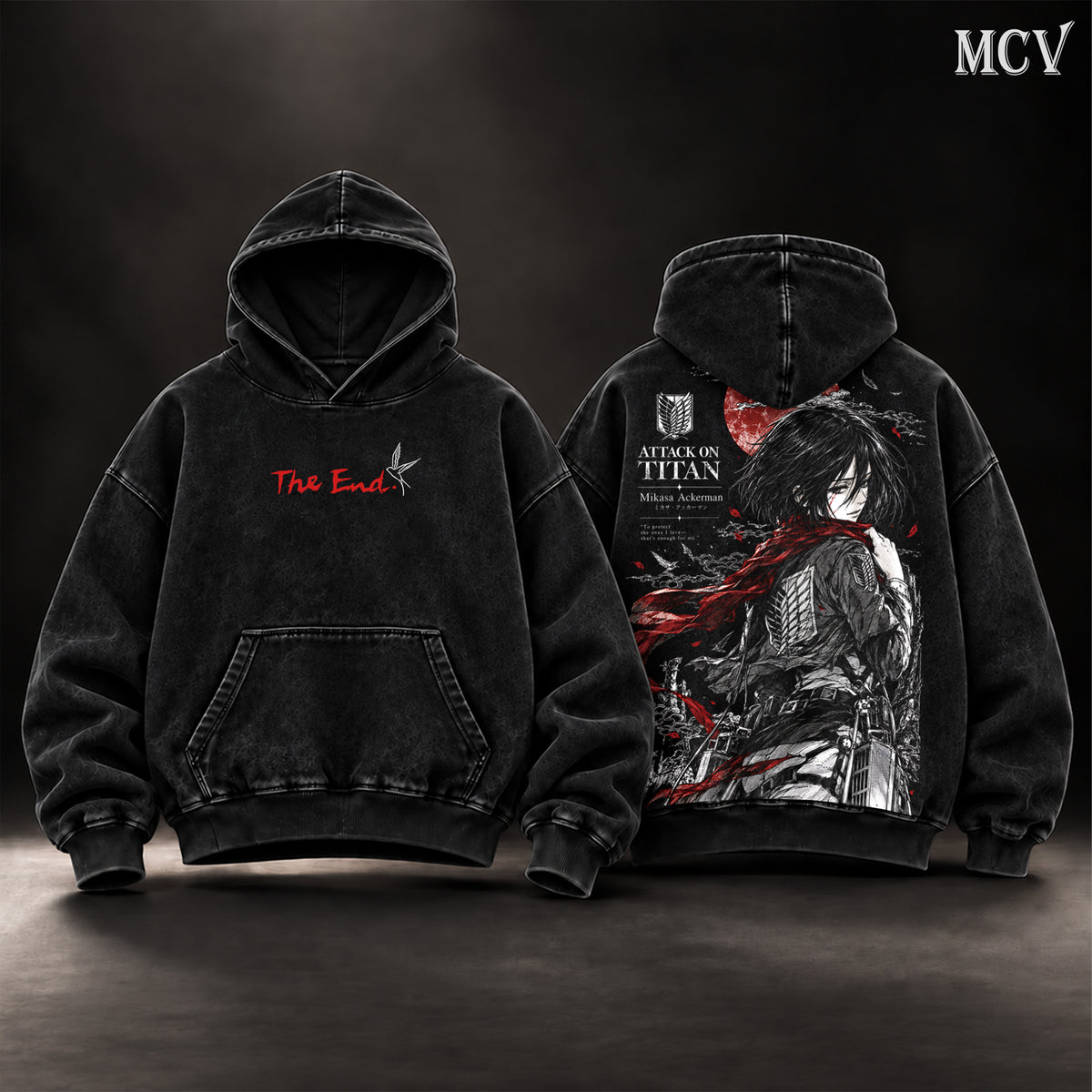 Mikasa Ackerman Attack on Titan Vintage Washed Oversized Hoodie, Double-Sided Anime Graphic Pullover, Red Scarf Survey Corps Wings of Freedom Design, The End AOT Final Season Artwork, Retro Y2K Streetwear, Unisex Anime Fan Gift