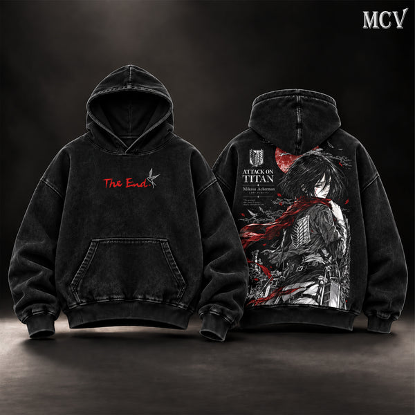 Mikasa Ackerman Attack on Titan Vintage Washed Oversized Hoodie, Double-Sided Anime Graphic Pullover, Red Scarf Survey Corps Wings of Freedom Design, The End AOT Final Season Artwork, Retro Y2K Streetwear, Unisex Anime Fan Gift