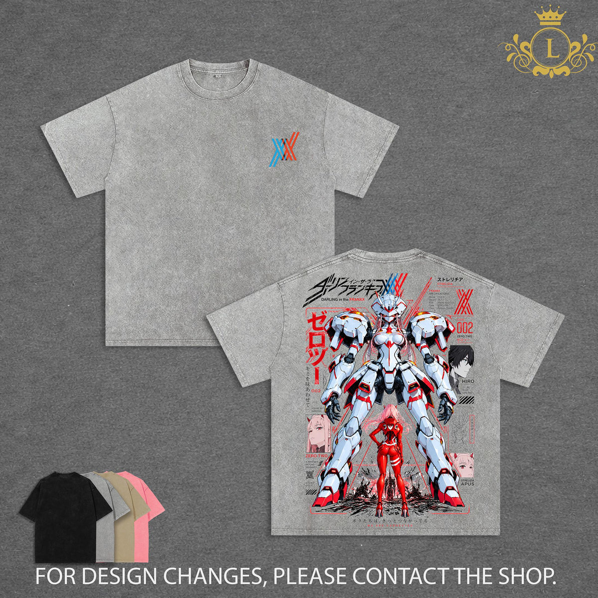 Limited Darling in the Franxx Zero Two Washed T-Shirt, Strelizia Mecha Anime Graphic Tee, Hiro and Zero Two Vintage Acid Wash Oversized Shirt, Double Sided Print, Japanese Anime Streetwear, Unisex Cotton Tee, Gift for Anime Fans