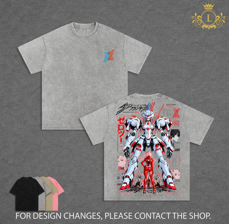 Limited Darling in the Franxx Zero Two Washed T-Shirt, Strelizia Mecha Anime Graphic Tee, Hiro and Zero Two Vintage Acid Wash Oversized Shirt, Double Sided Print, Japanese Anime Streetwear, Unisex Cotton Tee, Gift for Anime Fans