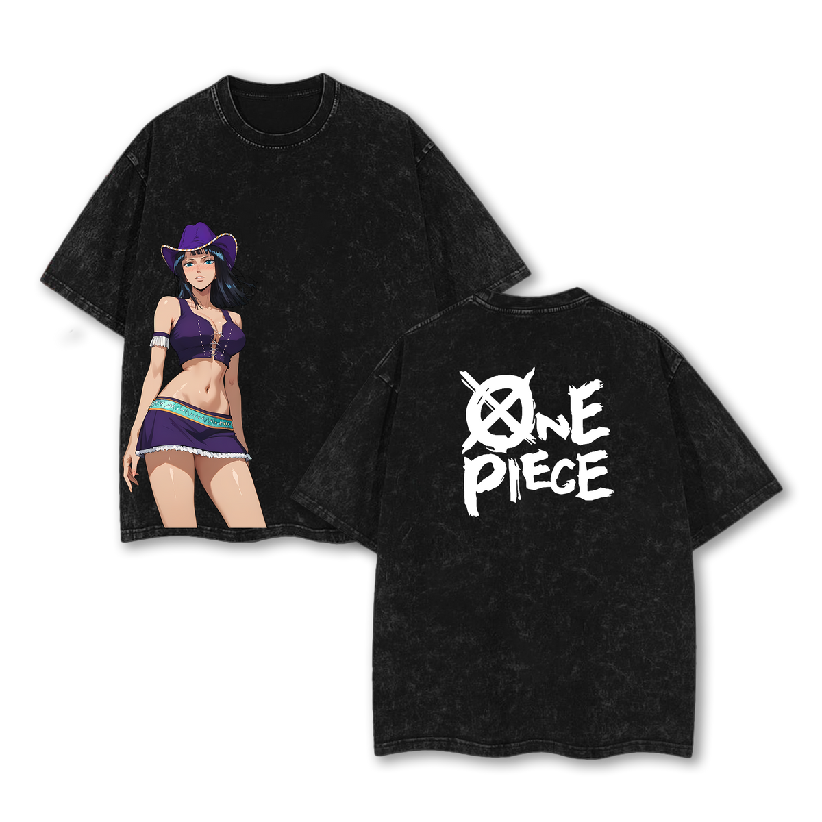 Nico Robin x One Piece Anime Double Printed Vintage Washed Tee Unisex Oversize Heavyweight Cotton T-shirt