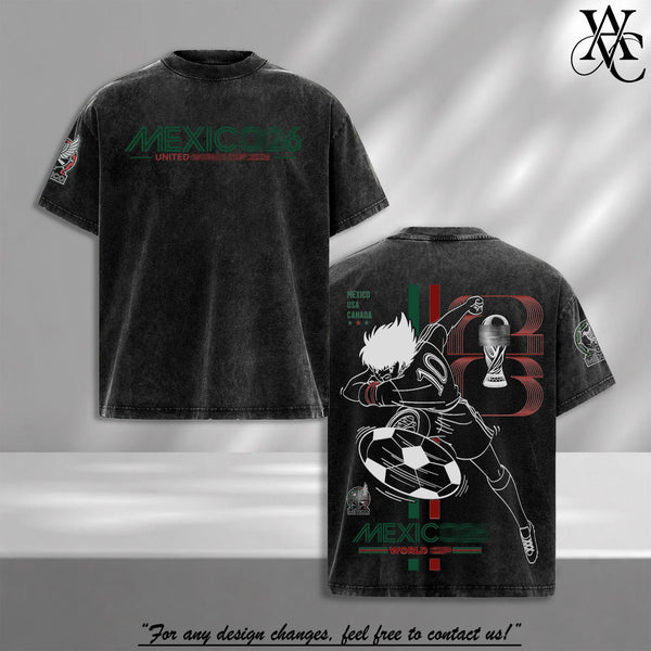Mexico World Soccer Tour 2026 Vintage Washed Anime Soccer T Shirt, Retro Futbol Graphic Tee, Oversized Heavyweight Cotton Streetwear, Mexico Football Fan Shirt, Sports Aesthetic Gift Merch Apparel