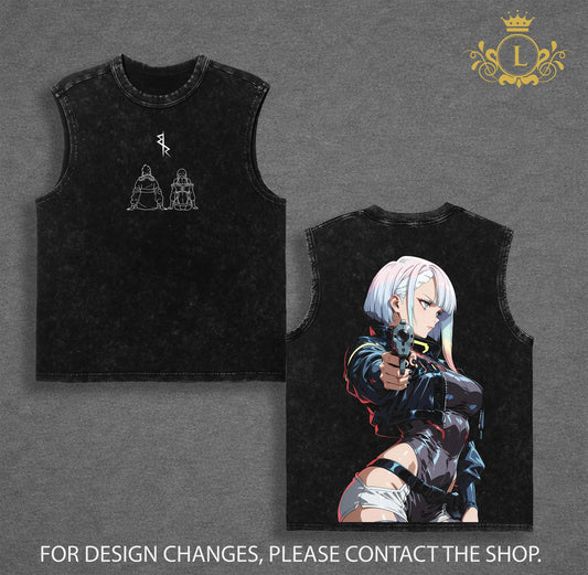 Cyberpunk Edgerunners. David Lucy Rebecca Anime Double Printed Vintage Washed Tee Unisex Oversize Anime Manga Washed Heavyweight Cotton T-shirt