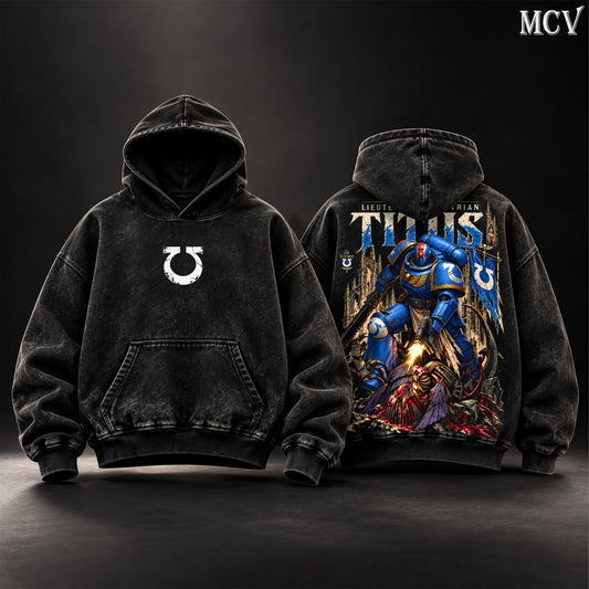 Lieutenant Demetrian Titus Warhammer 40K Vintage Washed Oversized Hoodie, T-Shirt & Sweatshirt, Double-Sided Space Marine 2 Ultramarines Graphic Apparel, Blue Power Armor Battle Design, Grimdark Sci-Fi Gaming Streetwear, Unisex Warhammer Fan Gift
