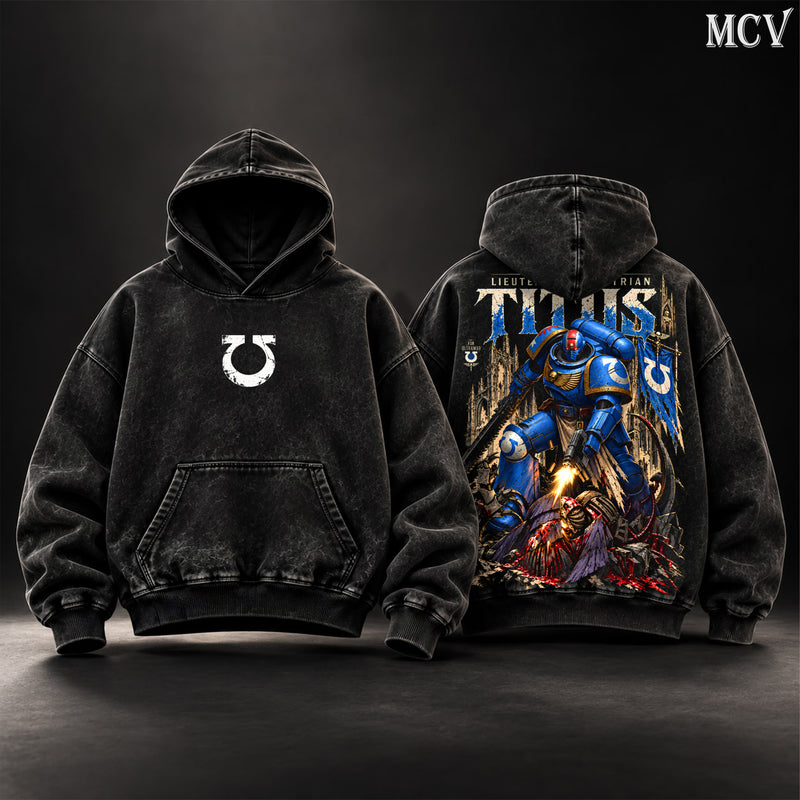 Lieutenant Demetrian Titus Warhammer 40K Vintage Washed Oversized Hoodie, T-Shirt & Sweatshirt, Double-Sided Space Marine 2 Ultramarines Graphic Apparel, Blue Power Armor Battle Design, Grimdark Sci-Fi Gaming Streetwear, Unisex Warhammer Fan Gift