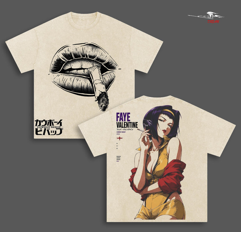 Faye Valentine Cowboy Bebop Anime Double Printed Vintage Washed Tee Unisex Oversize Heavyweight Cotton T-shirt for Anime Fans and Lovers