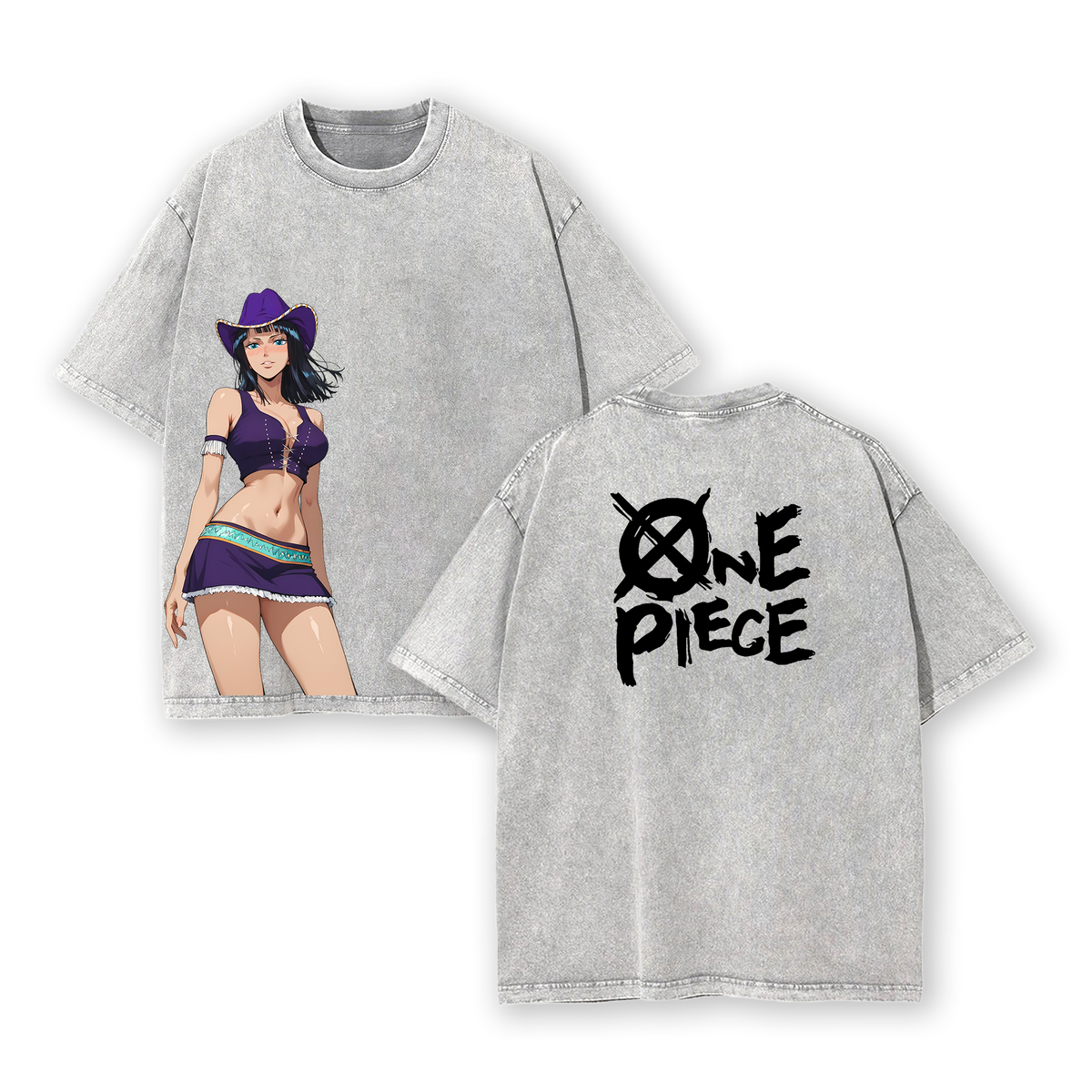 Nico Robin x One Piece Anime Double Printed Vintage Washed Tee Unisex Oversize Heavyweight Cotton T-shirt