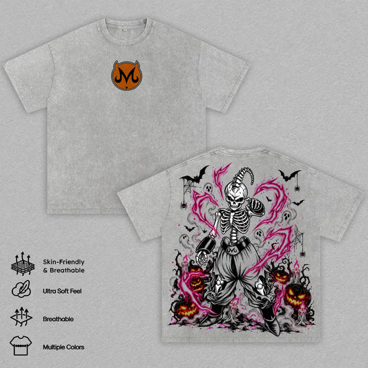 Majin Buu Halloween Washed T-Shirt, DBZ Anime Graphic Tee, Skeleton Spooky Oversized Streetwear Shirt, Halloween Anime Gift