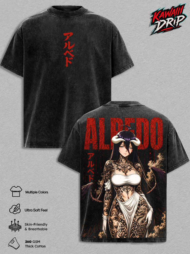 Albedo Overlord Vintage T-Shirt - Guardian of Nazarick Succubus Anime Double Printed Vintage Clothes Washed Tee Unisex Oversized Anime Manga Washed Heavyweight Cotton TShirt Gift For Overlord Fans Men & Women