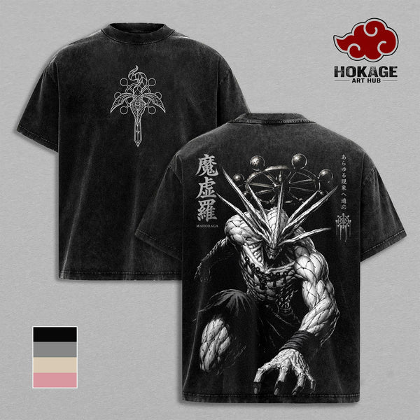 Mahoraga - Jujutsu Kaisen Shikigami Double Printed Graphic Tee, Vintage Washed Heavy Cotton Oversized Shirt, Gift For Anime Lovers And JJK Fans