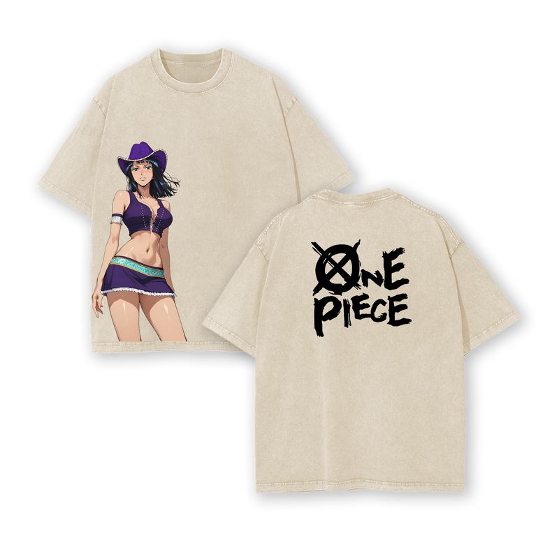 Nico Robin x One Piece Anime Double Printed Vintage Washed Tee Unisex Oversize Heavyweight Cotton T-shirt