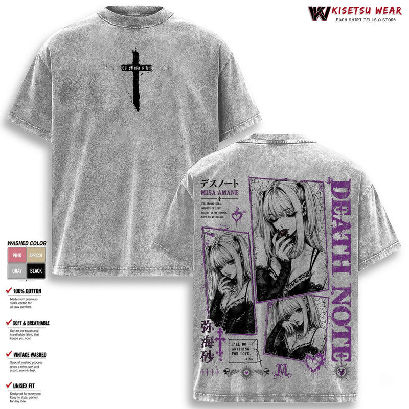 Misa Amane Death Note T-Shirt, Vintage Washed Gothic Anime Graphic Tee, Dark Aesthetic Oversized Shirt, Unisex Streetwear