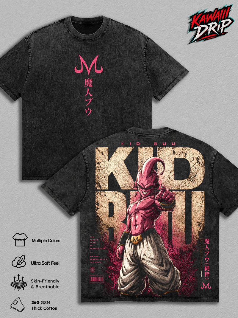 Kid Buuu DBZ Vintage Washed T-Shirt - Anime Graphic Tee Heavyweight Cotton Oversized Streetwear Top Unisex Manga Shirt DBZ Anime Fan Gift For DBZ Fans Men & Women