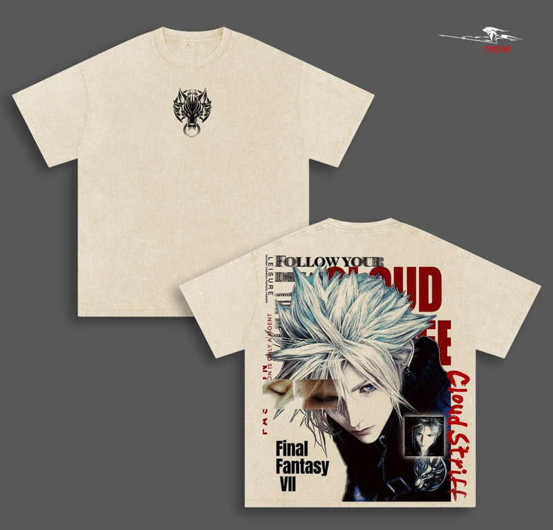 Cloud Strife Final Fantasy VII Anime Double Printed Vintage Washed Tee Unisex Oversize Anime Manga Washed Heavyweight Cotton T-shirt