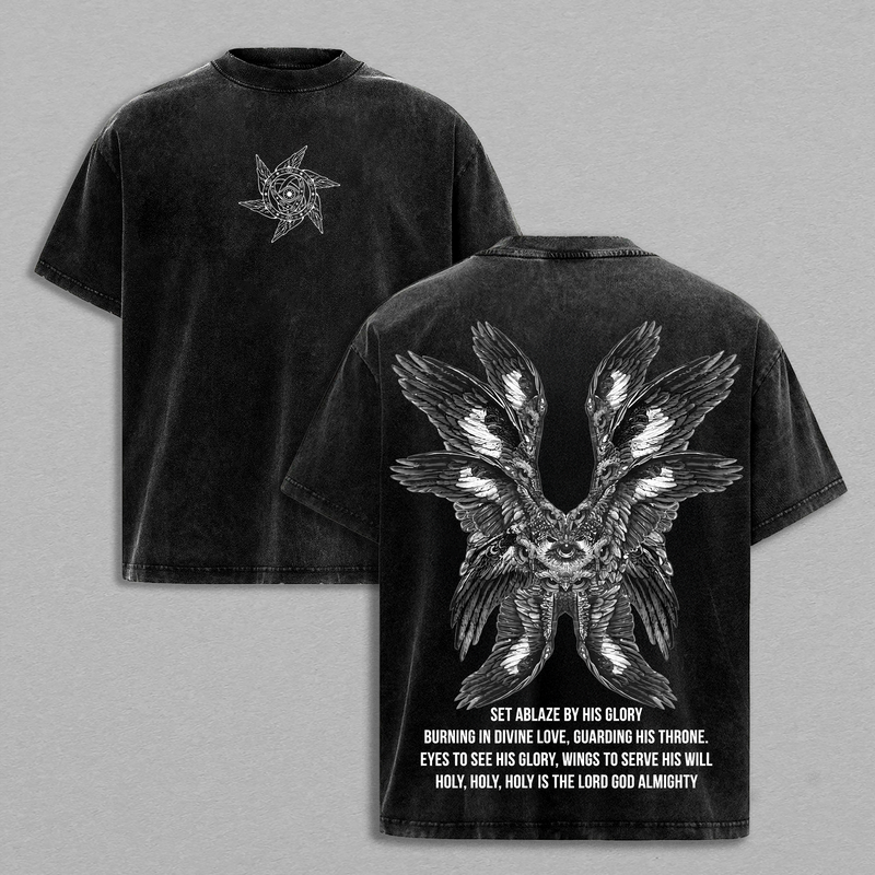 Seraphim Angel Tee | Set Ablaze by His Glory Shirt / Sweatshirt / Hoodie | Christian Vintage Washed Oversized T-Shirt | Wings of Fire Divine Love Graphic | Holy Faith Jesus Apparel Christian Bible Verse