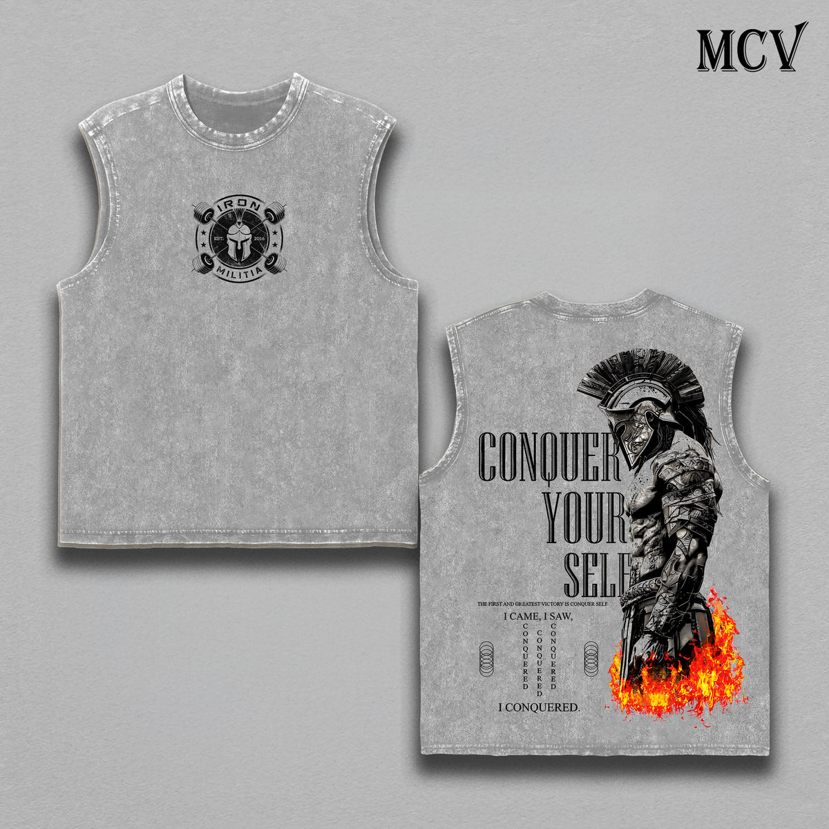 Conquer Yourself Vintage Washed Tank Top – Spartan Warrior Graphic Sleeveless Shirt, Heavy Cotton Muscle Tank for Men, Gym Motivation Fitness Streetwear