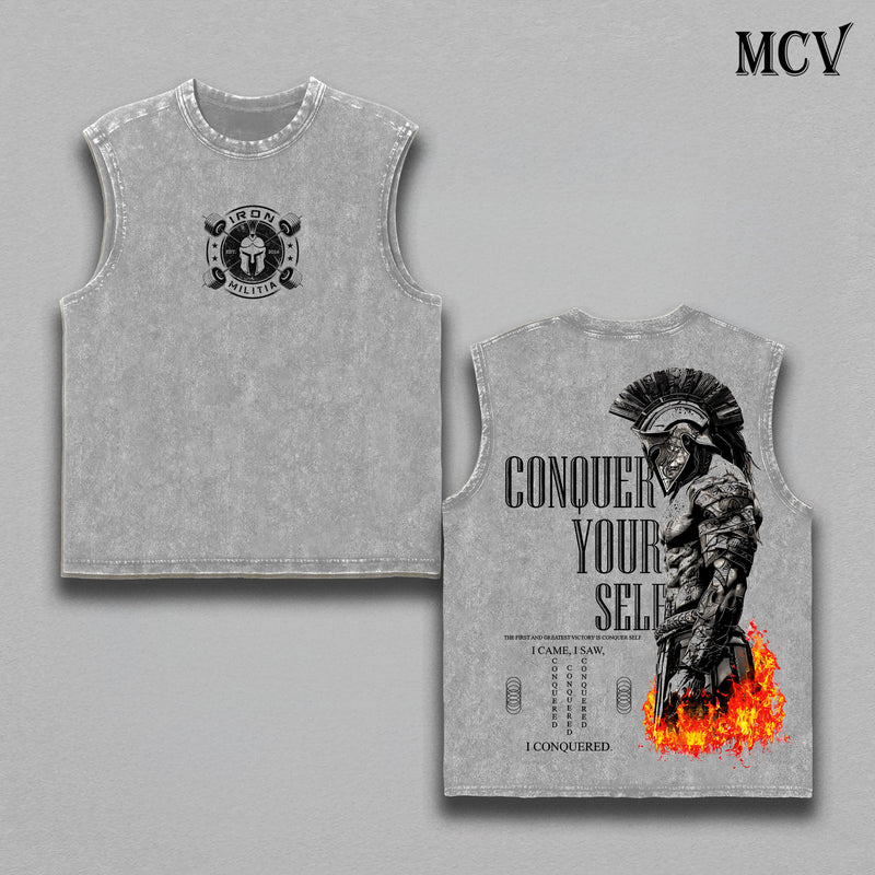 Conquer Yourself Vintage Washed Tank Top – Spartan Warrior Graphic Sleeveless Shirt, Heavy Cotton Muscle Tank for Men, Gym Motivation Fitness Streetwear