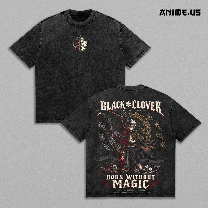Asta Black Clover Born Without Magic Vintage Washed T-Shirt, Anti Magic Knight Demon Slayer Sword Anime Graphic Tee, Black Bulls Oversized Dark Fantasy Streetwear