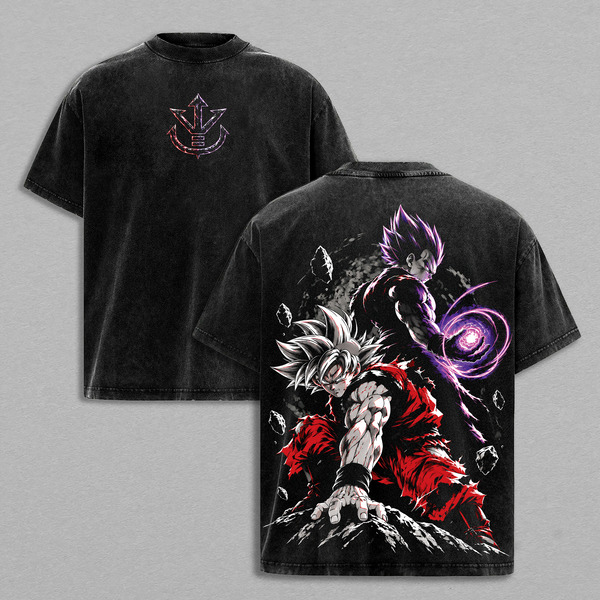 kakarot x Saiyan Prince Rival Saiyan Warriors Graphic T-Shirt, Silver Instinct x Purple Power Fighter Tee, Vintage Washed Oversized Heavyweight Anime Streetwear