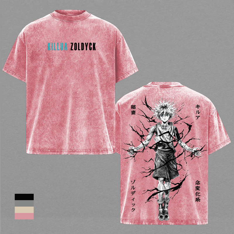 Killua Zoldyck Hunter x Hunter Vintage Washed T-Shirt, Anime Graphic Tee Heavyweight Cotton Streetwear