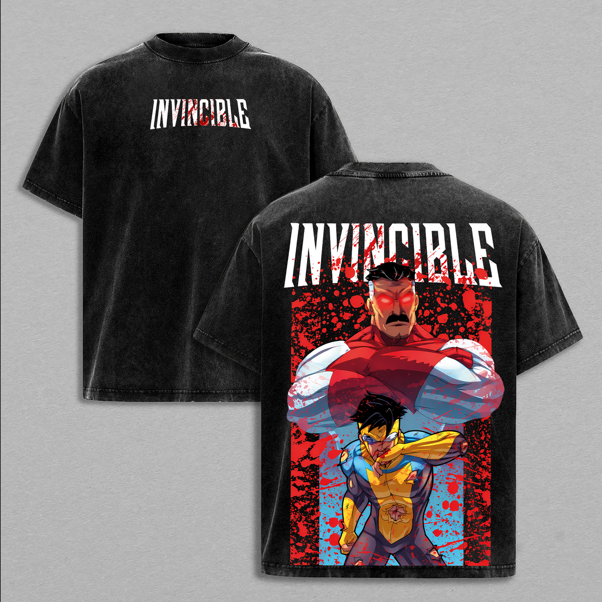 Invincible Omni-Man vs Mark Grayson Graphic Tees, Invincible War Comic TV Series Merch, Limited Double Printed Oversized Acid Washed Heavy Cotton T-Shirt, Y2K Streetwear Fit, Unisex Graphic, Casual Superhero Apparel