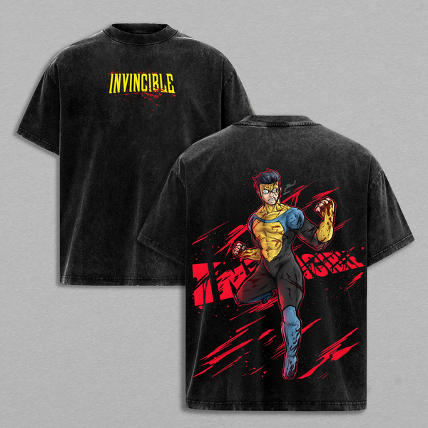 Invincible Mark Grayson Superhero Graphic Tee Vintage Washed Shirt Unisex Streetwear Comic Hero T Shirt Invincible Action Design Gift for Superhero Fans