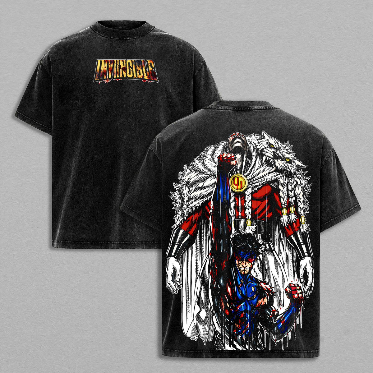 Invincible Thragg vs Mark Grayson Graphic Tee | Vintage Washed Oversized Heavyweight T Shirt | Dark Superhero Comic Streetwear Shirt | Blood Fight Large Back Print Tee | Heavy Cotton Unisex | Gym Pump Cover Gamer Outfit | Gift For Invincible Fans