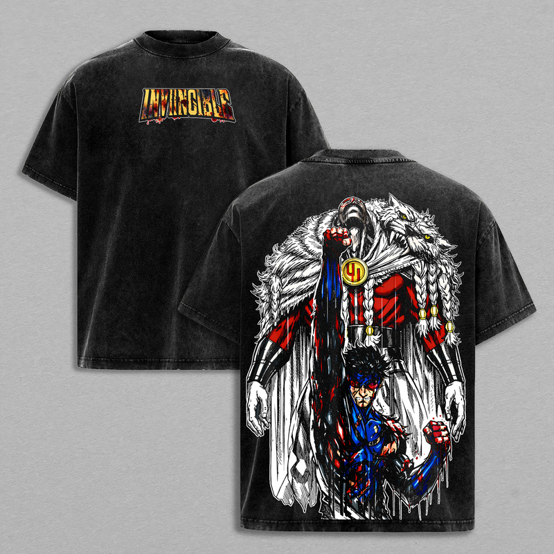 Invincible Thragg vs Mark Grayson Graphic Tee | Vintage Washed Oversized Heavyweight T Shirt | Dark Superhero Comic Streetwear Shirt | Blood Fight Large Back Print Tee | Heavy Cotton Unisex | Gym Pump Cover Gamer Outfit | Gift For Invincible Fans