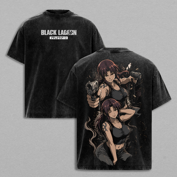 Black Lagoon Anime Double Printed Vintage Washed Tee Unisex Oversize Anime Manga Washed Heavyweight Cotton T-shirt