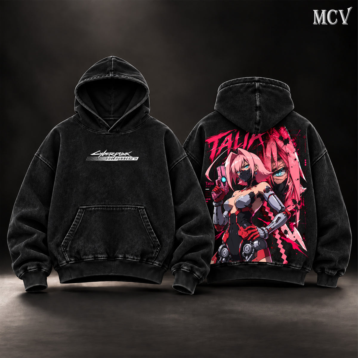 Talia Yang Cyberpunk Edgerunners Vintage Washed Oversized Hoodie, Double-Sided Anime Graphic Pullover, Pink Hair Cyberpunk Girl Futuristic Warrior Design, Retro Y2K Streetwear, Unisex Cyberpunk Fan Gift