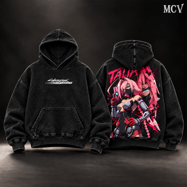 Talia Yang Cyberpunk Edgerunners Vintage Washed Oversized Hoodie, Double-Sided Anime Graphic Pullover, Pink Hair Cyberpunk Girl Futuristic Warrior Design, Retro Y2K Streetwear, Unisex Cyberpunk Fan Gift