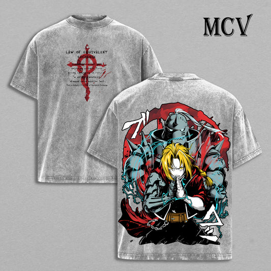Edward & Alphonse Elric Fullmetal Alchemist Washed T-Shirt, Vintage Anime Oversized Tee