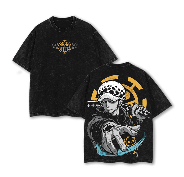 Trafalgar Law Washed T-Shirt Double Sided, Vintage Anime Streetwear Tee