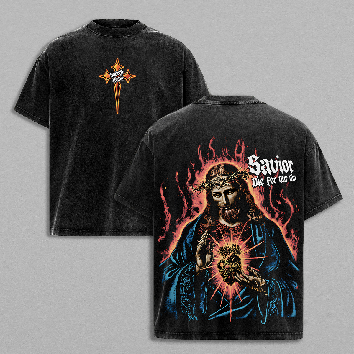 Sacred Heart Savior Tee | Vintage Washed Christian Oversized Shirt | Jesus Died for Our Sins Graphic | Faith and Redemption Streetwear | Glory Threads Spiritual Apparel Jesus Apparel