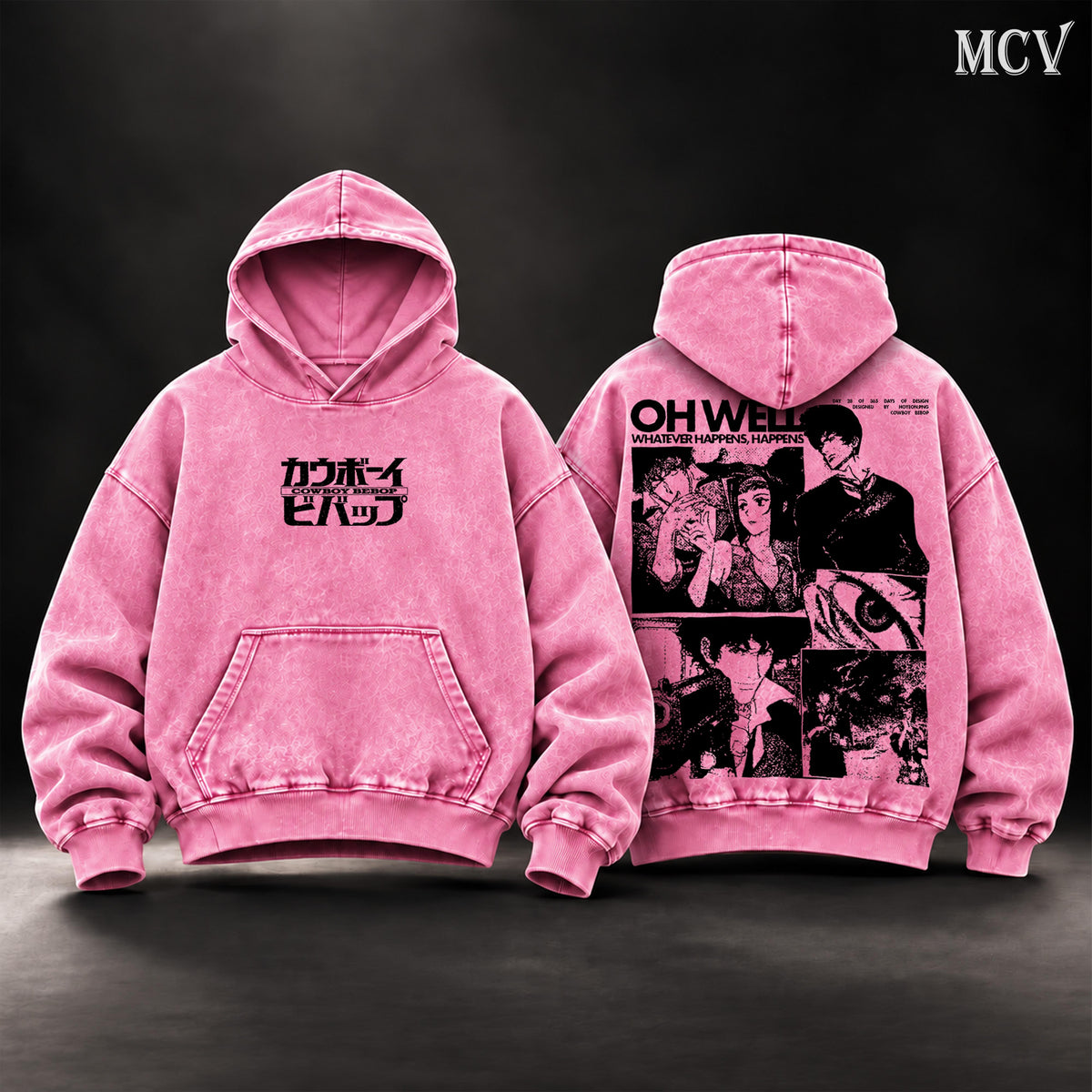 Cowboy Bebop Vintage Washed Oversized Hoodie, Spike Spiegel & Faye Valentine Anime Graphic Pullover, Double-Sided Retro 90s Y2K Streetwear, Unisex Anime Fan Gift
