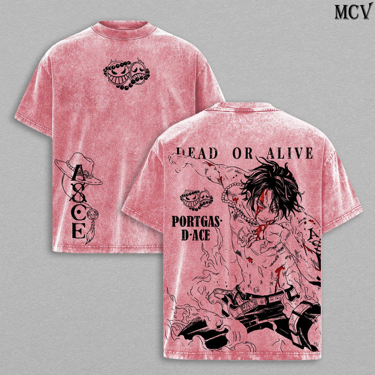 Ace Fire Fist Anime Vintage Washed T-Shirt, Flame Pirate Graphic Tee, Manga Streetwear Shirt Heavyweight Cotton