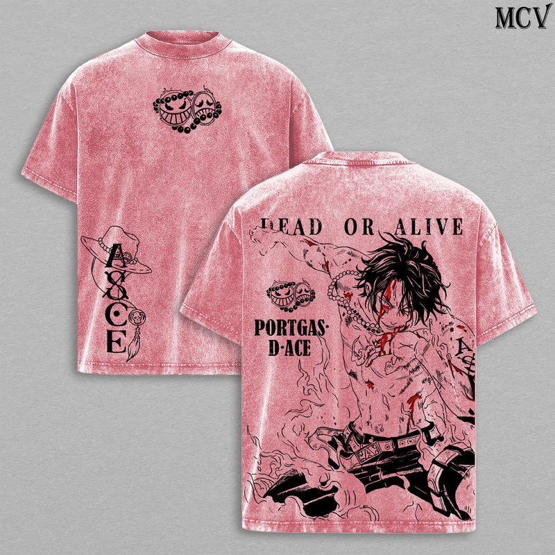 Ace Fire Fist Anime Vintage Washed T-Shirt, Flame Pirate Graphic Tee, Manga Streetwear Shirt Heavyweight Cotton
