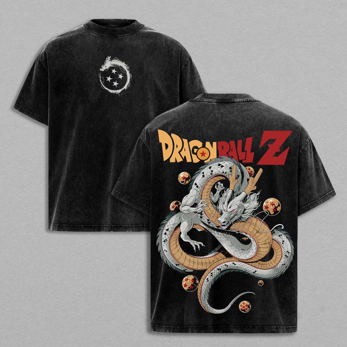 DBZ Shenron V2 Vintage Washed Oversize T Shirt Anime Streetwear Graphic Tee Grey Heavy Cotton Unisex Classic Retro Style Fan Favorite
