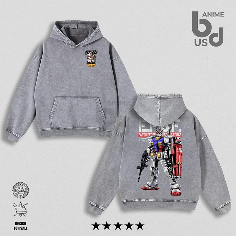 RX-78-2 Gundam Hoodie Wash – Double Printed Cool Style, Oversize Unisex Cotton, Retro 90s Graphic Tee, Streetwear, Menswear, Gift For Anime Fan