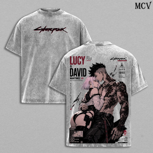Lucy & David Cyberpunk Edgerunners Tee – Lucy & David Martinez Vintage Washed T-Shirt | Night City Lovers | Japanese Irezumi Gothic Tattoo Art | Cyberpunk Anime Manga Graphic Tee | Heavy Cotton Unisex Oversized Streetwear Top