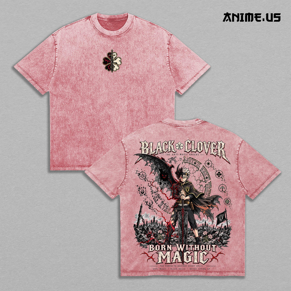 Asta Black Clover Born Without Magic Vintage Washed T-Shirt, Anti Magic Knight Demon Slayer Sword Anime Graphic Tee, Black Bulls Oversized Dark Fantasy Streetwear