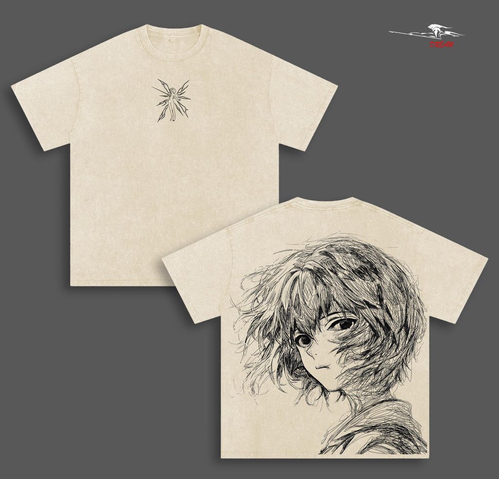 Rei Ayanami Neon Genesis Evangelion Anime Double Printed Vintage Washed Tee Unisex Oversize Anime Manga Washed Heavyweight Cotton T-shirt
