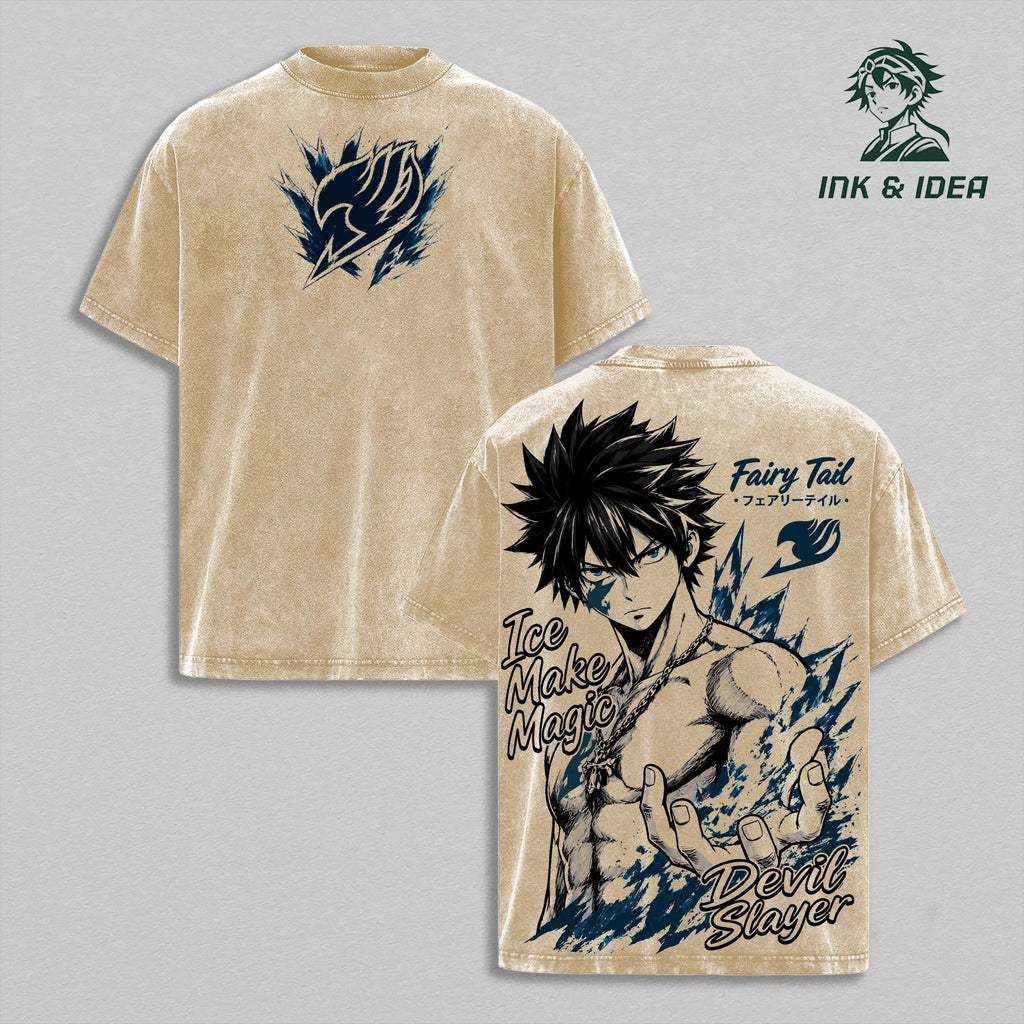 Gray Fullbuster Ice Devil Slayer Vintage Washed Anime Tee, Fairy Tail Ice Make Magic Graphic Shirt, Oversized Heavyweight Cotton Streetwear, Manga Style Anime Fan Gift