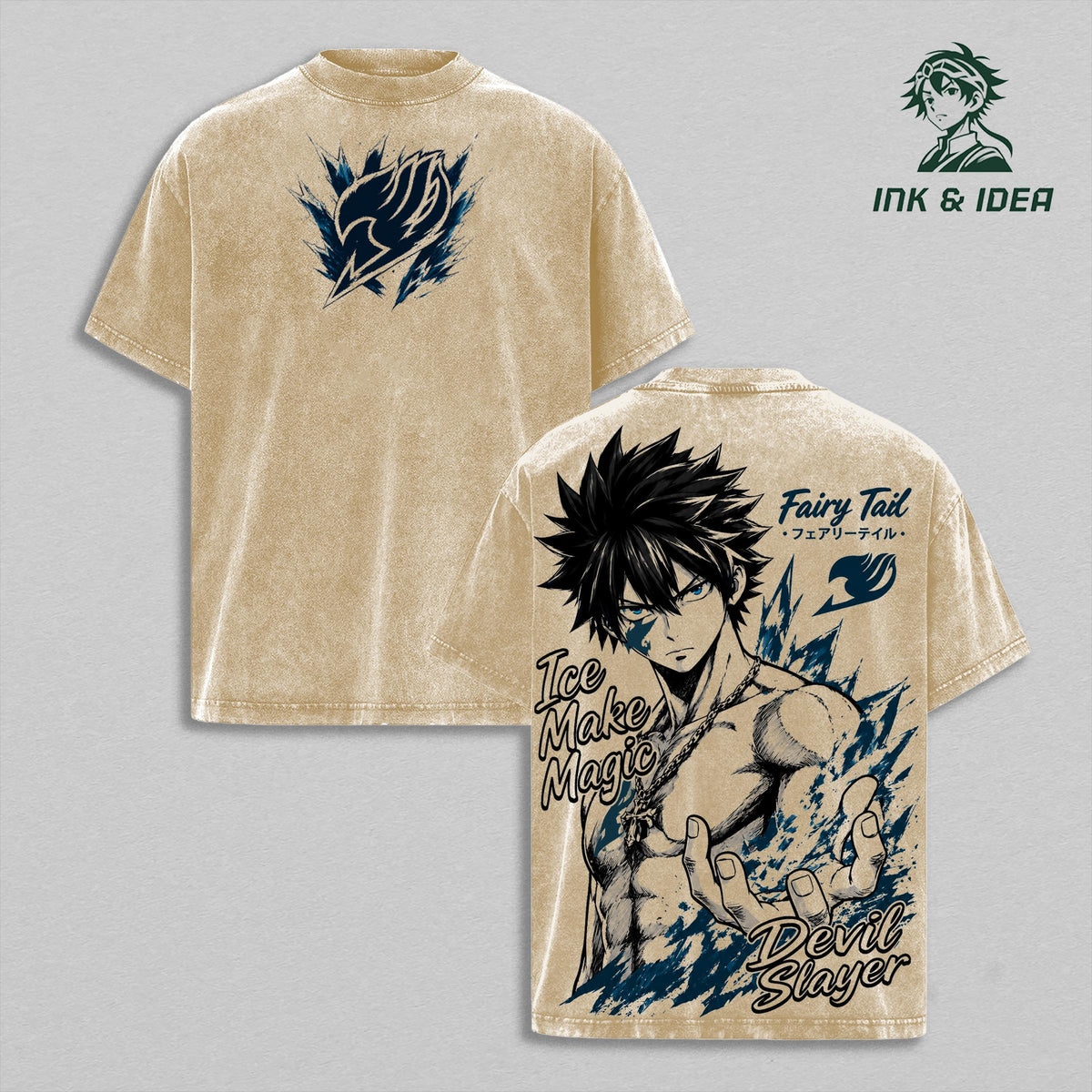Gray Fullbuster Ice Devil Slayer Vintage Washed Anime Tee, Fairy Tail Ice Make Magic Graphic Shirt, Oversized Heavyweight Cotton Streetwear, Manga Style Anime Fan Gift